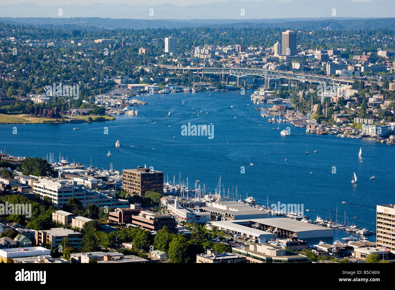 Boats sail on Lake Union in Seattle Washington Stock Photo