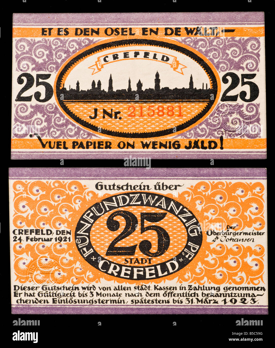 Notgeld or Rentengeld. Emergency currency printed in Germany from 1914-22.  25 Pfennig note from Crefeld 1921 Stock Photo