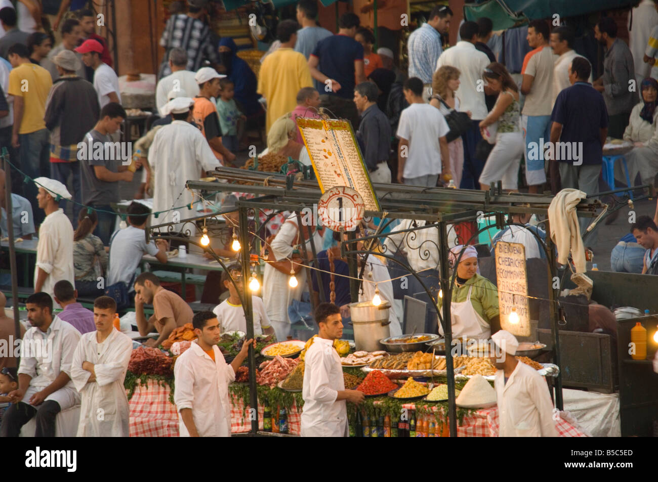 A compressed perspective aerial view of the open air 'restaurants' at the Djemaa El Fna in Marrakesh. Stock Photo