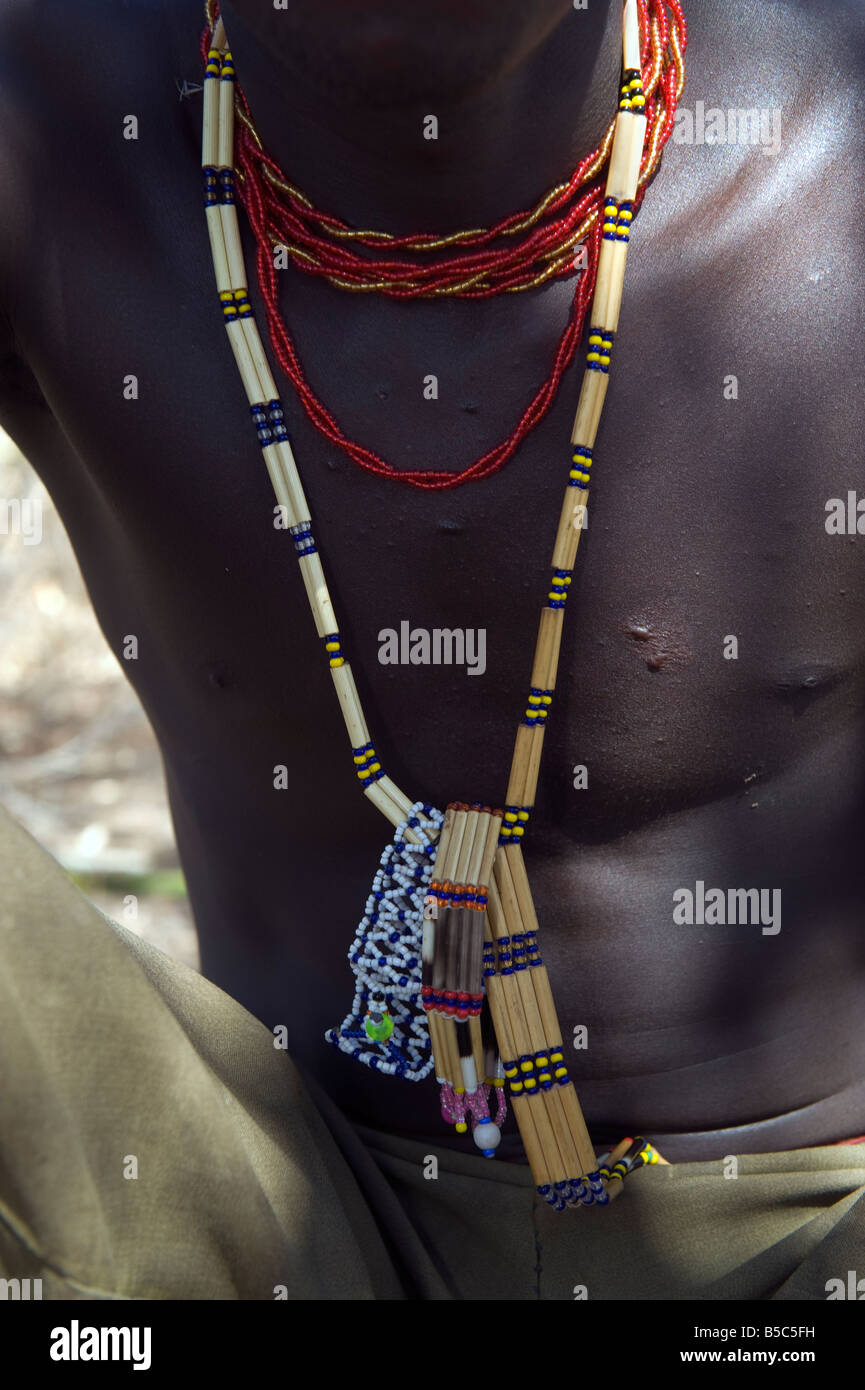 Necklaces worn by a man of the Hadza tribe Lake Eyasi Tanzania Stock Photo