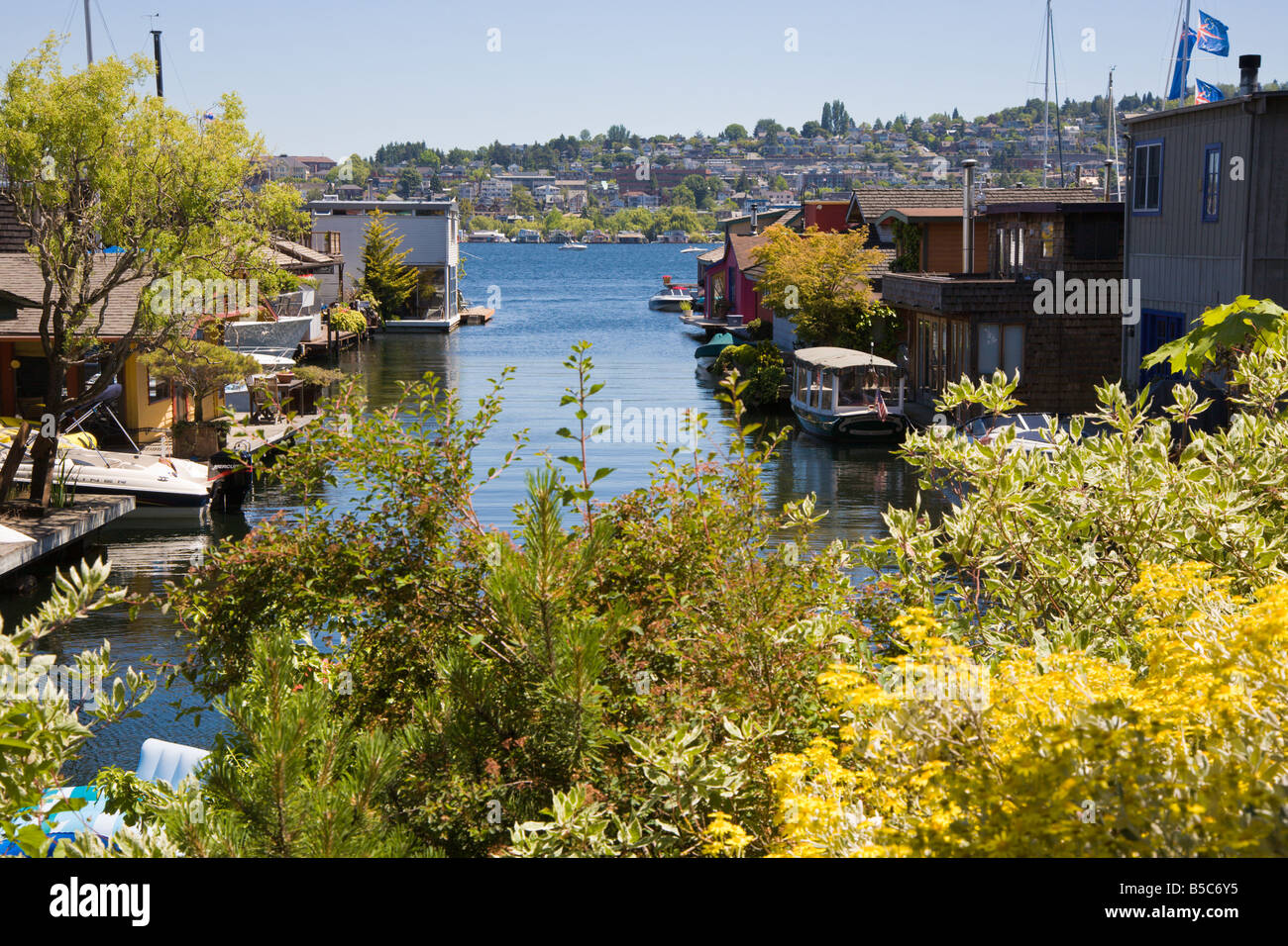 Floating homes on west shore of Lake Union in Seattle, Washington Stock
