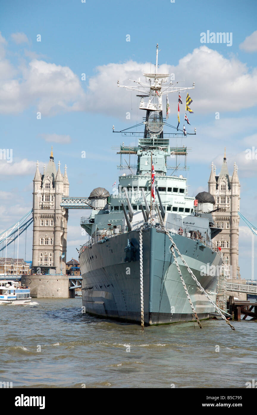 HMS Belfast and Tower Bridge in London England UK Stock Photo