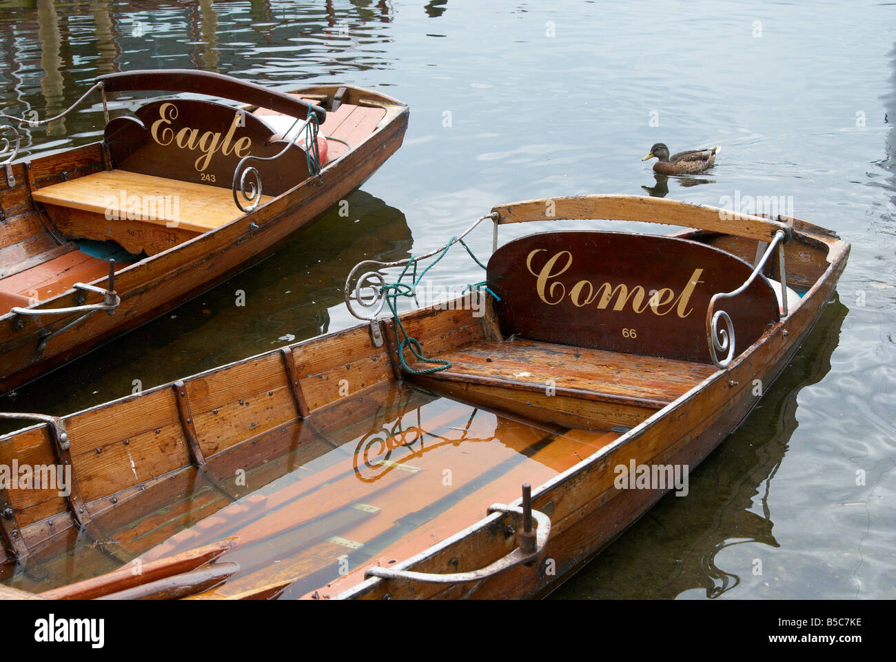 Traditional lakeland skiffs filled with rainwater, Ambleside, Lake Windermere in the English Lake District, Cumbria Stock Photo