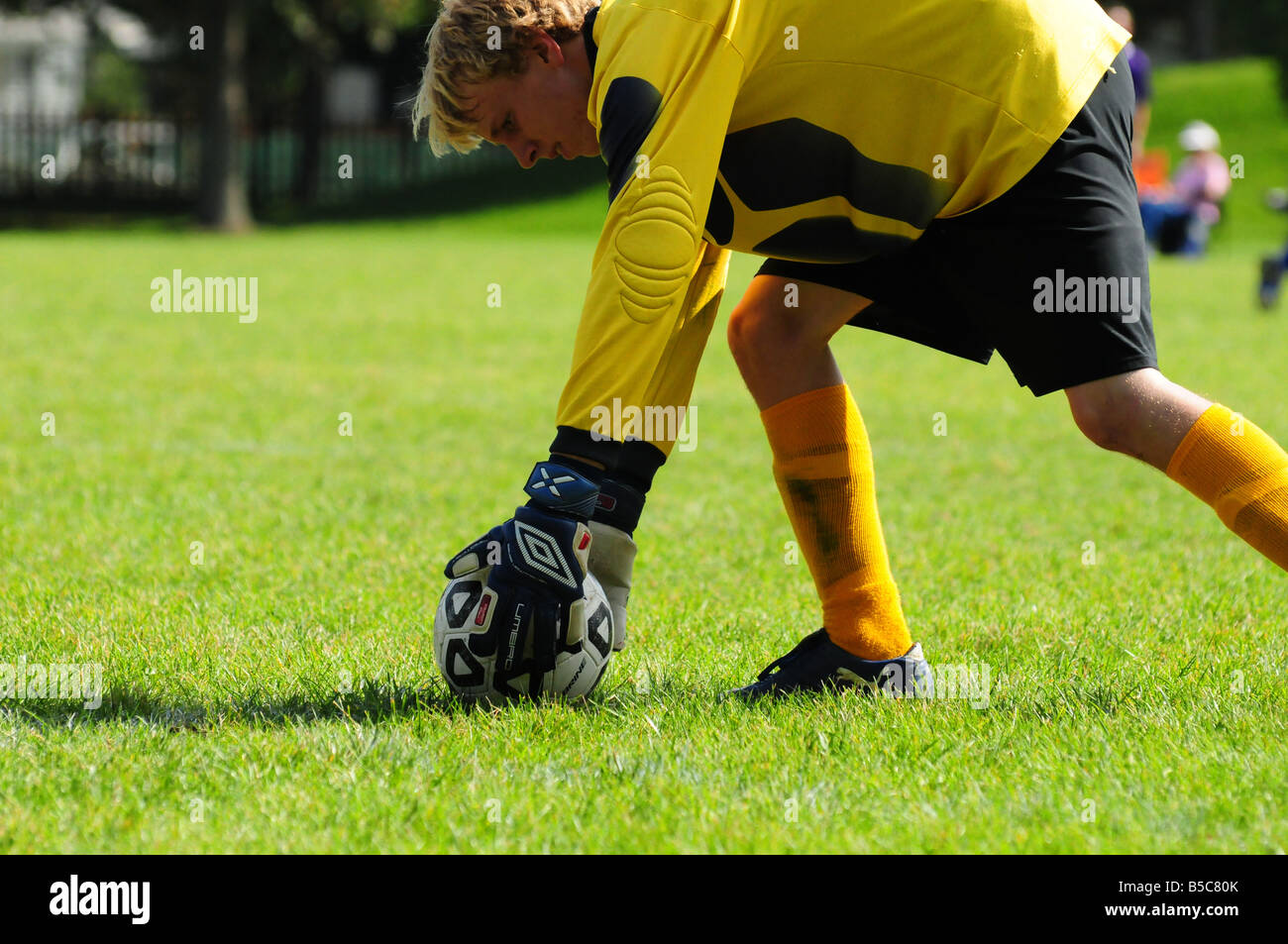Goalie or goal keeper places soccer ball on the football field Stock