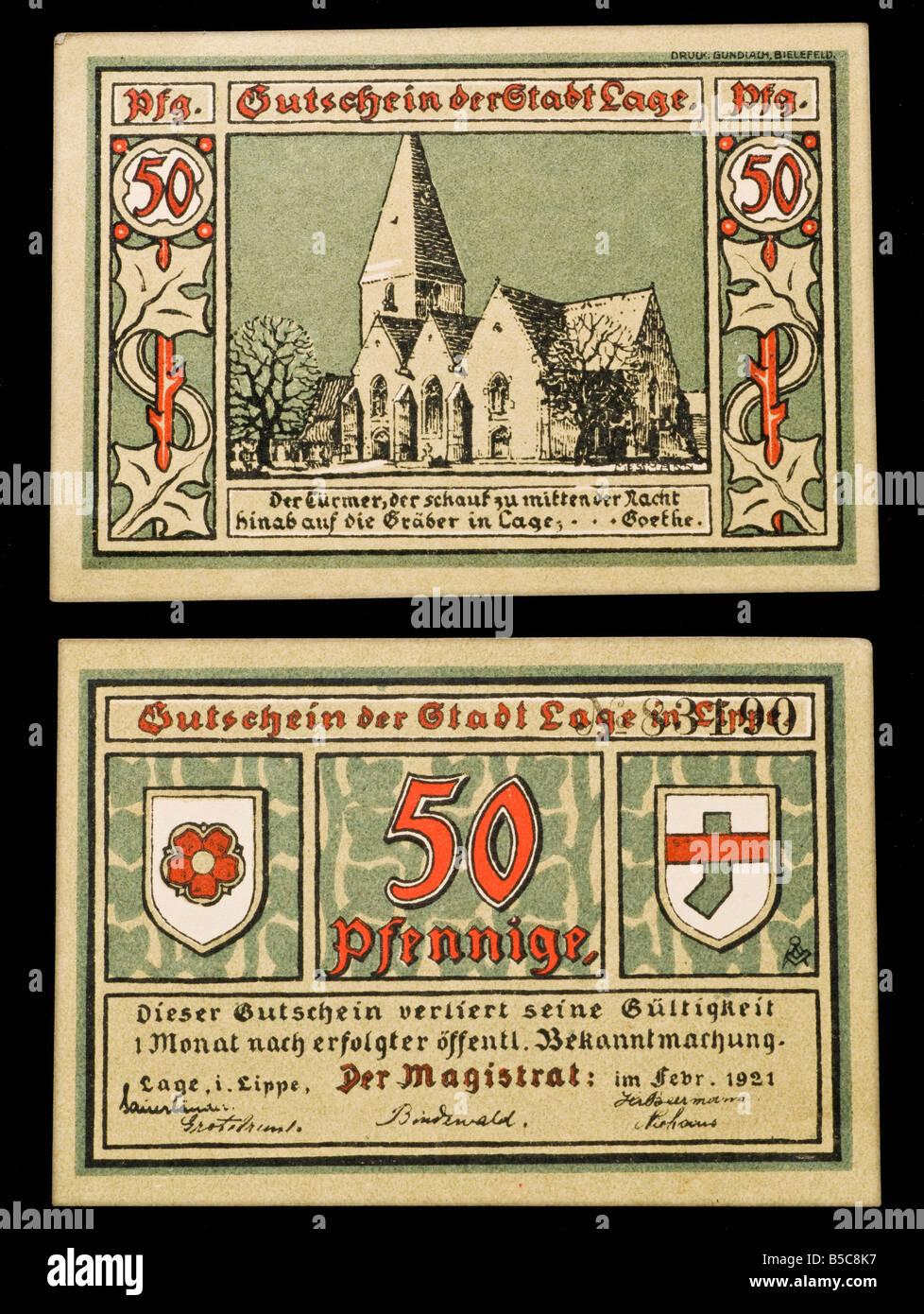 Notgeld or Rentengeld. Emergency currency printed in Germany from 1914-22.  50 Pfennig note from Lage i Lippe showing church Stock Photo