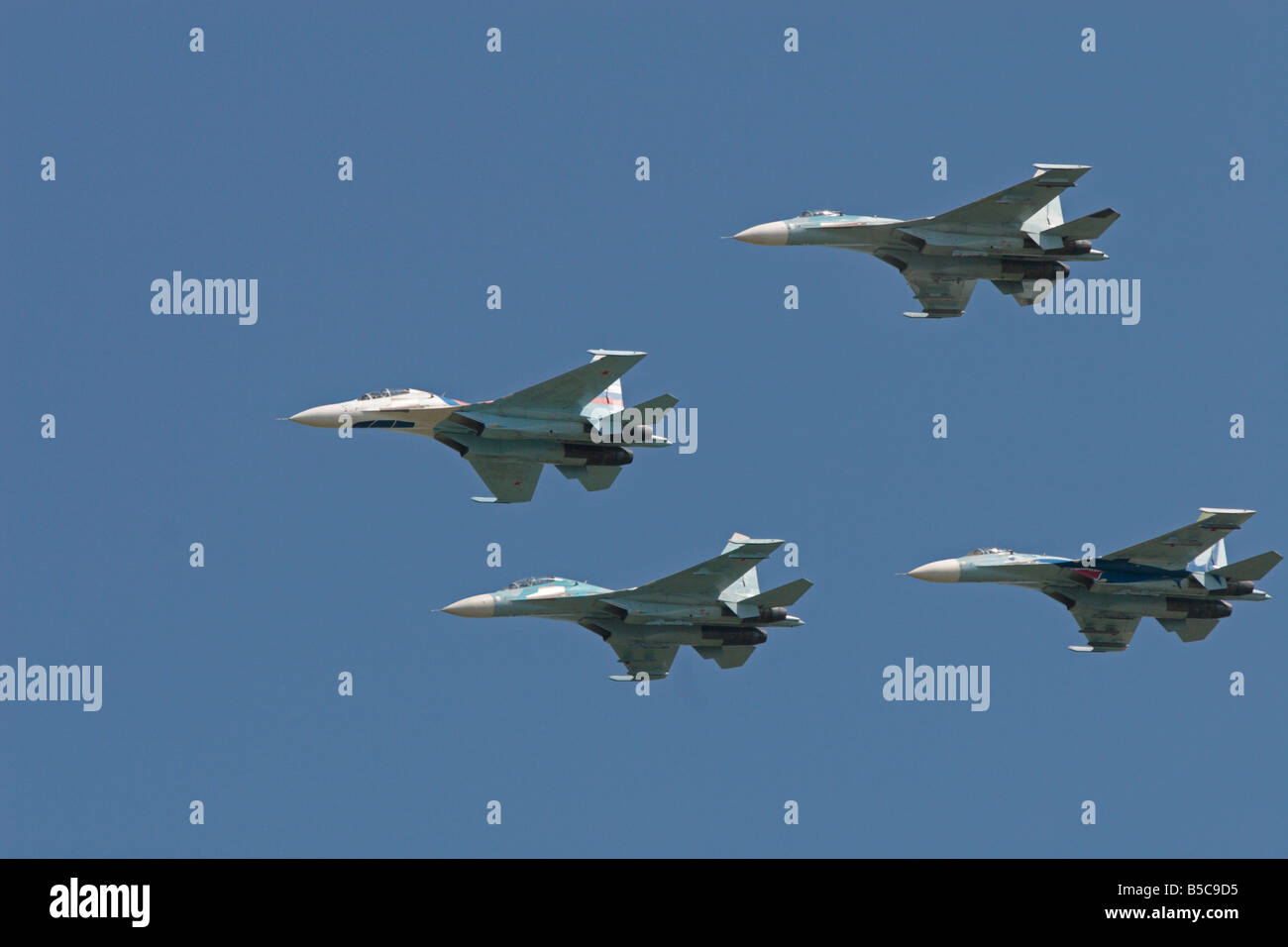 Russian Air Force four fighter aircrafts perform during the air show Stock Photo