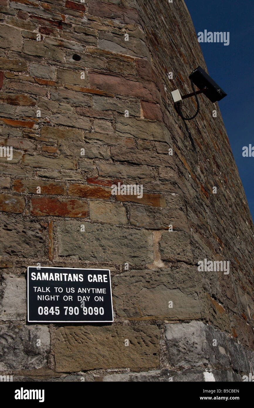 Samaritans sign and [CCTV camera] on tower of [Clifton Suspension Bridge], Bristol, England, UK Stock Photo