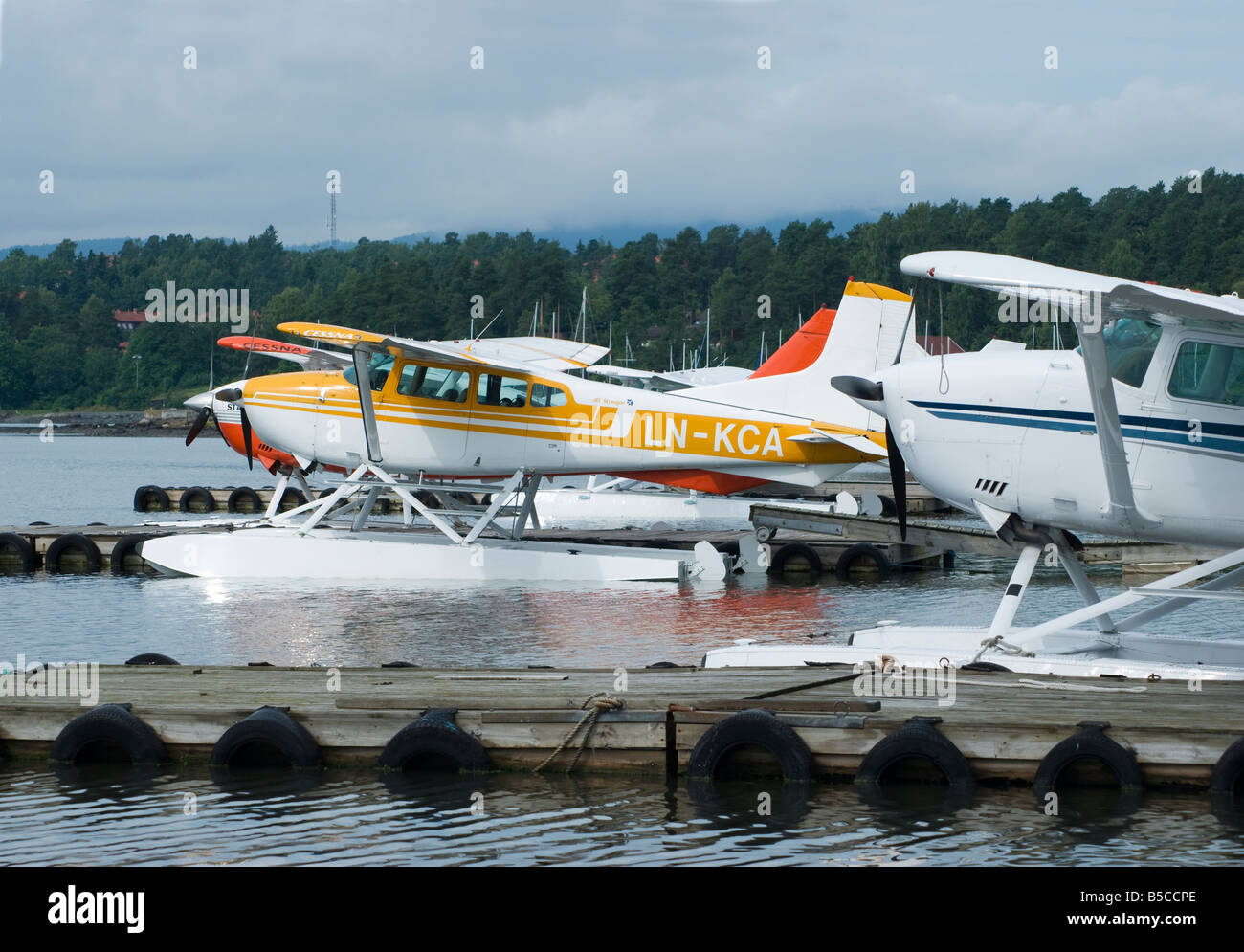 Three seaplanes Cessna 206 Sationair Cessna 185 Skywagon and Cessna 172 Skyhawk Stock Photo