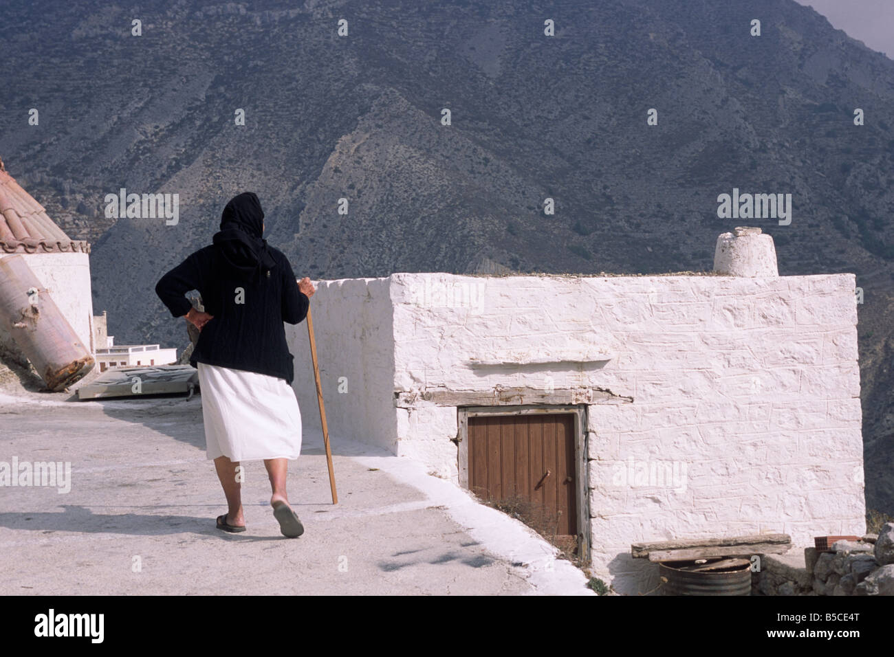 Greece, Dodecanese Islands, Karpathos, Olympos, greek woman wearing traditional clothes Stock Photo