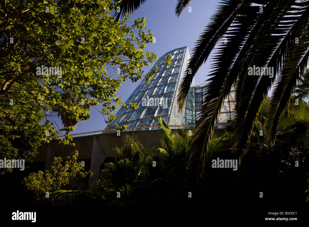A modern design greenhouse structure stands at the San Antonio