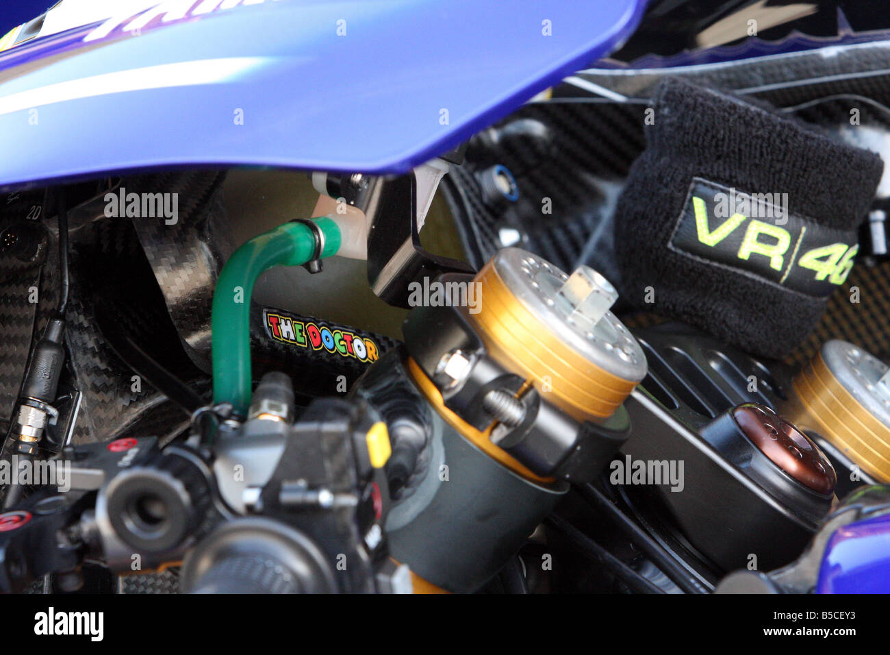 the cockpit of the 2008 world motogp championship winning motorcycle of valentino rossi Stock Photo