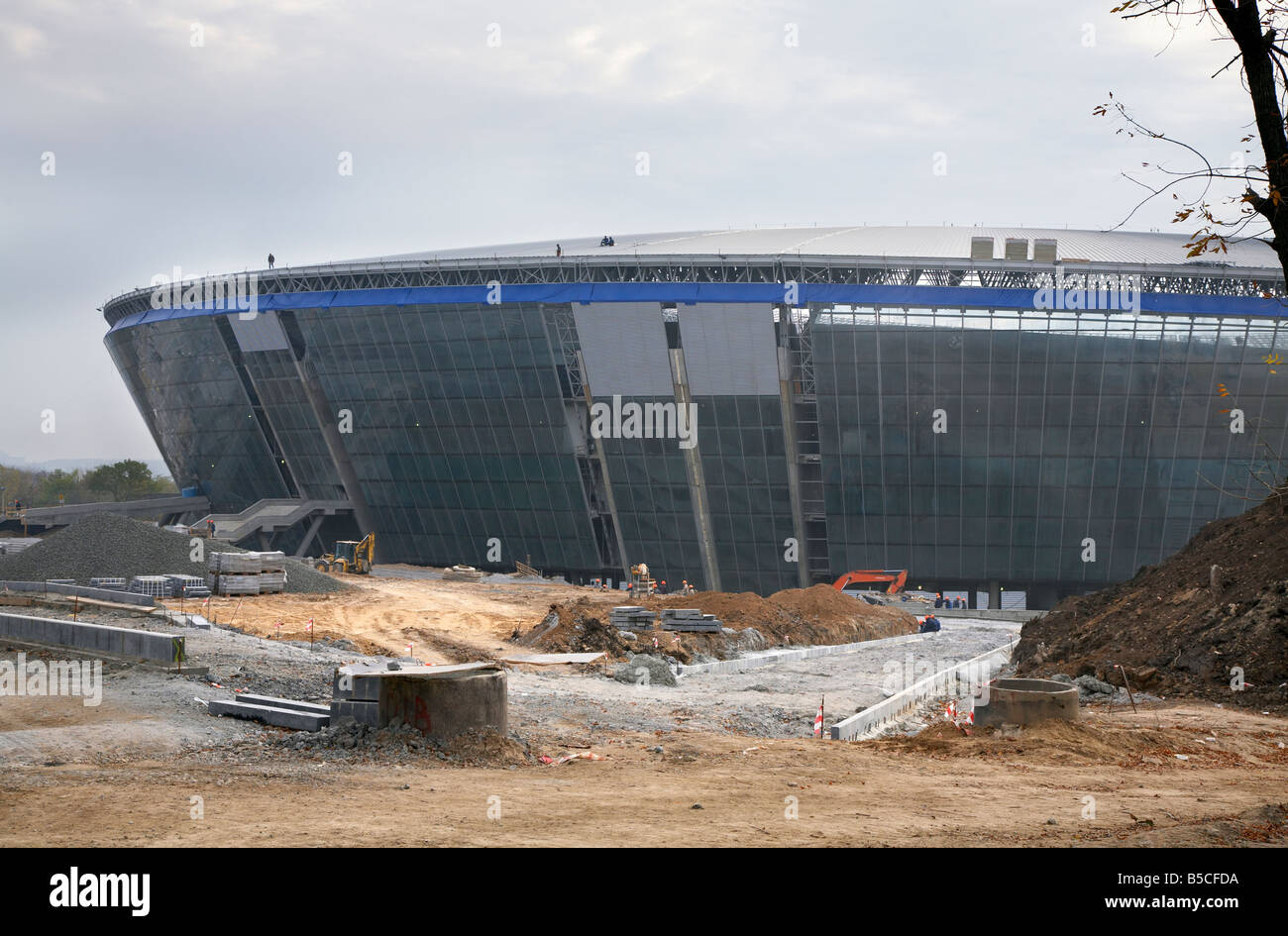 New big modern football stadium construction in Donetsk City (FC Shakhtar Donetsk, Ukraine) Stock Photo