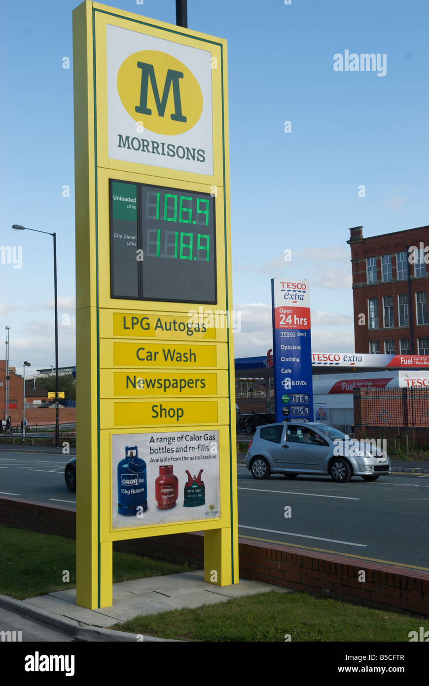 Tesco and Morrisons petrol prices Failsworth Oldham Greater Manchester Stock Photo