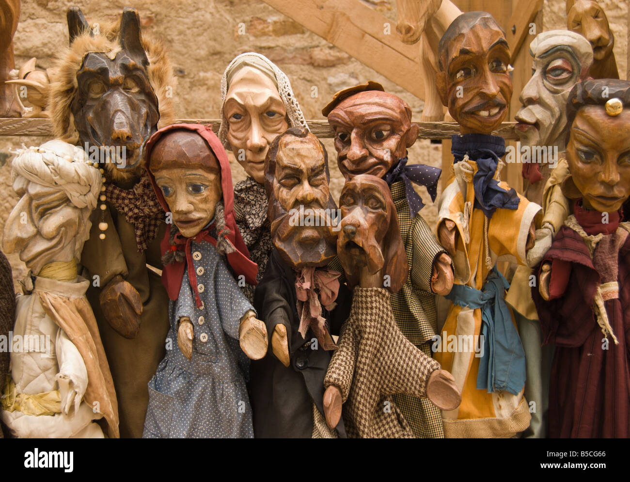 Wooden hand puppets for sale in Caunes Minervois. Stock Photo
