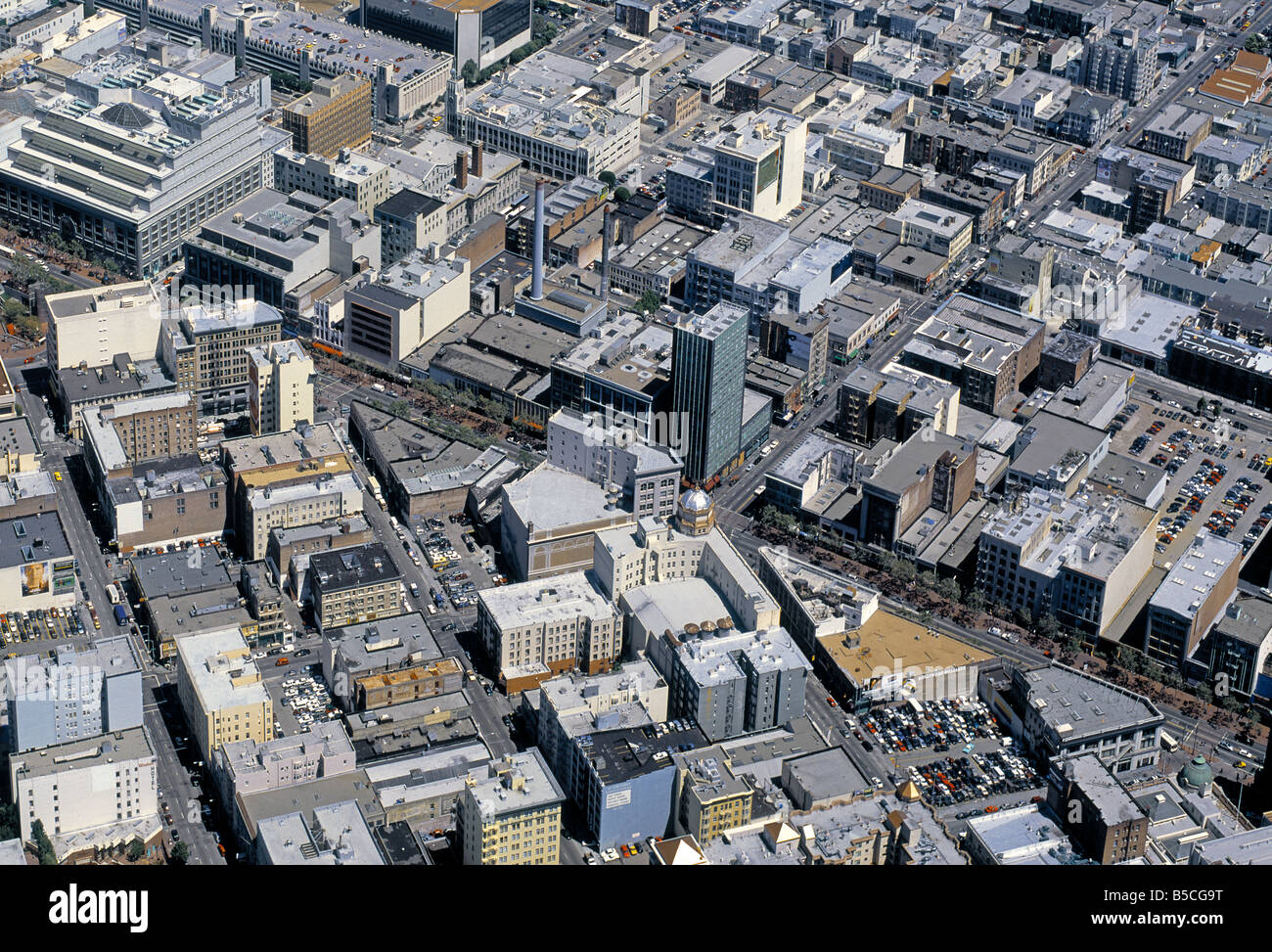 aerial view above mid Market Street and Tenderloin district San