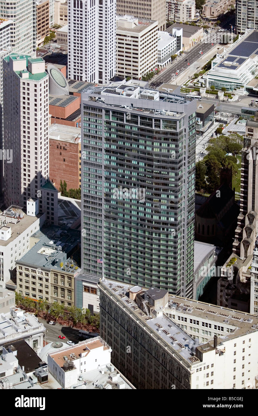 aerial view above Phelan building (foreground) Yerba Buena tower and Market Street vicinity San Francisco financial district Stock Photo