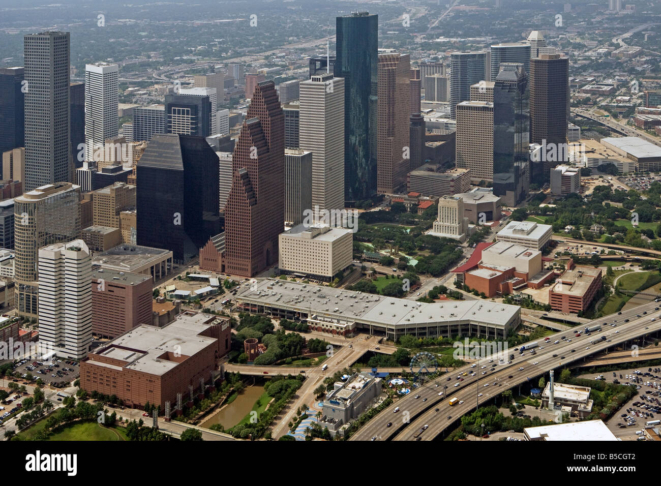 aerial above Houston Texas skyline Stock Photo