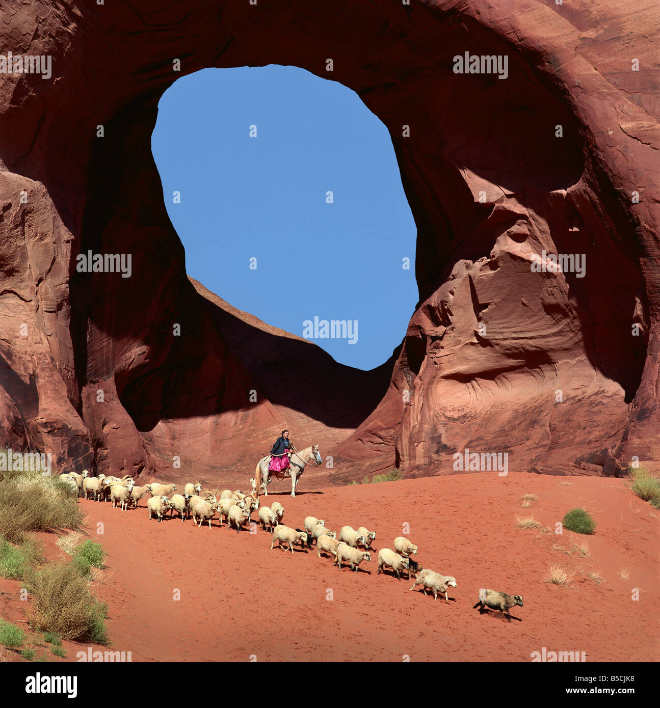 Navajo Woman herding sheep at the Ear of the Wind in Monument Valley Stock Photo