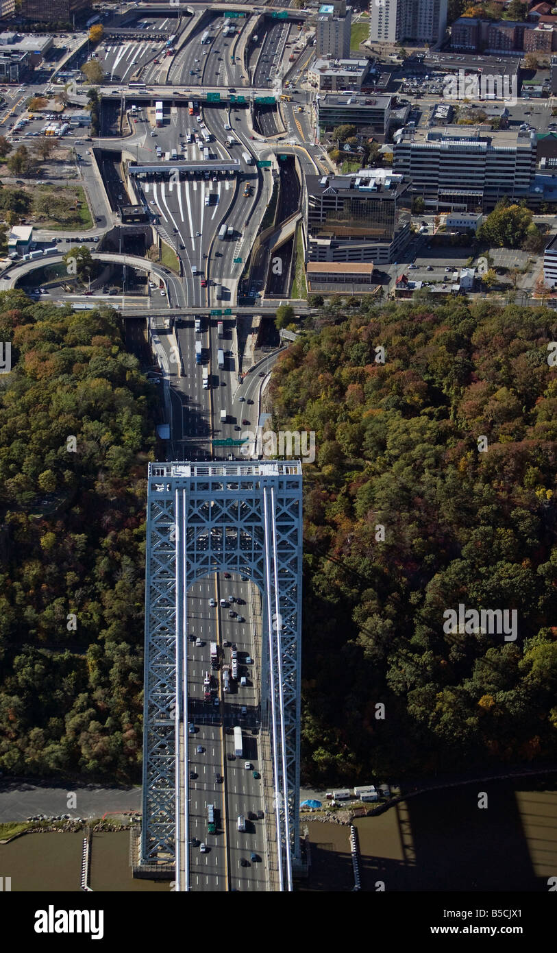 aerial view above Washington bridge toll plazas on New Jersey