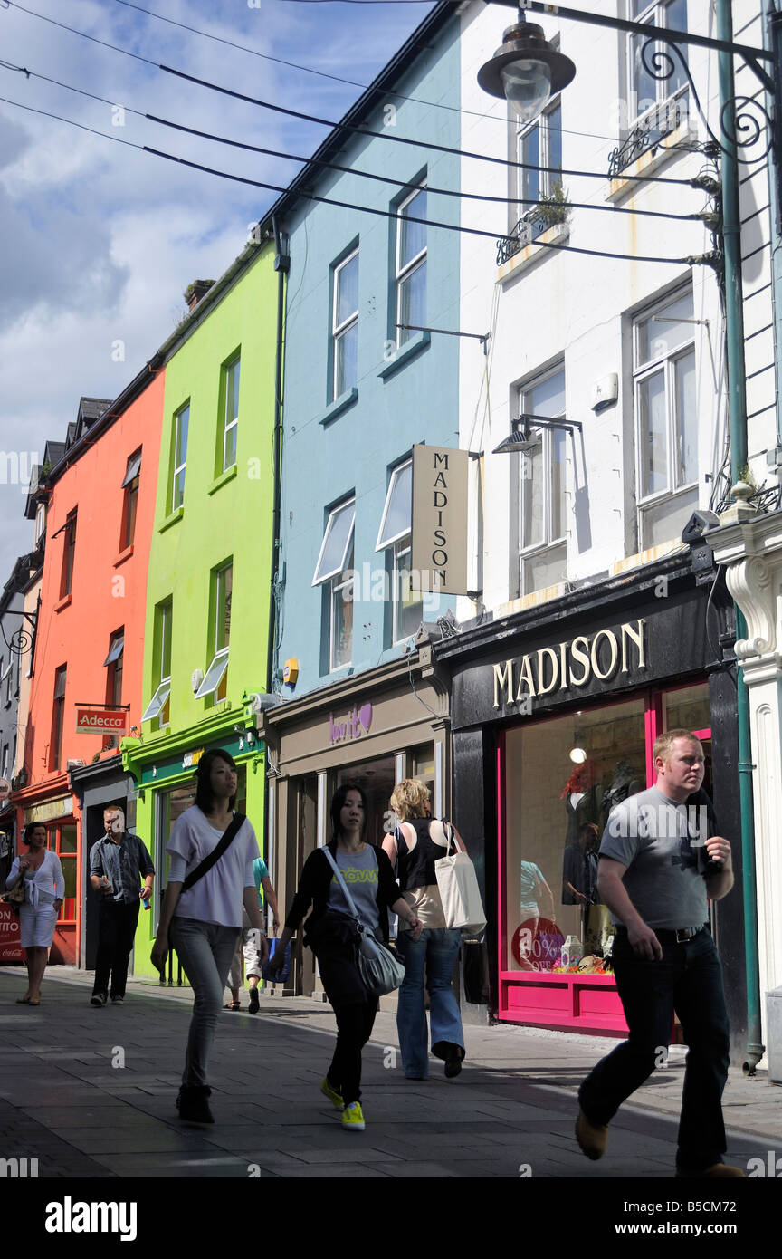 Colourful shops in Galway City centre, pedestrian shopping street Stock