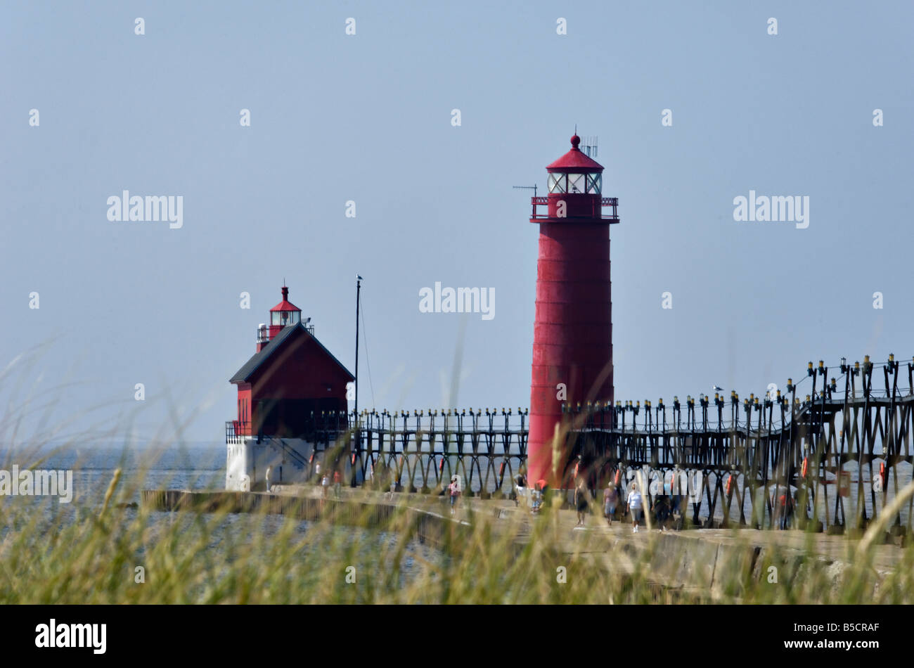 Grand Haven South Pier and Pierhead Inner Lighthouses on Lake Michigan Grand Haven Michigan Stock Photo