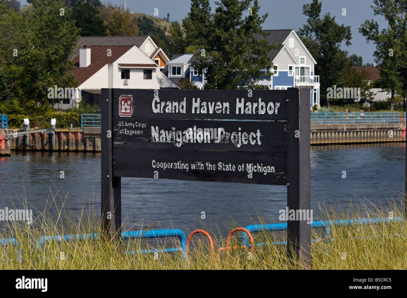 US Army Corps of Engineers Grand Haven Harbor Navigation Project Sign on the Grand River Grand Haven Michigan Stock Photo