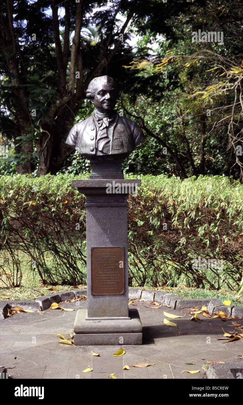 A bust sculpture of Pierre Poivre 1719-1786 in the Royal Botanic Gardens at Pamplemousses, Mauritius. Stock Photo