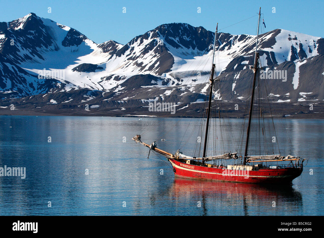 Noorderlicht Sailing Ship Anchored In Kongsfjorden Off Spitsbergen Stock Photo