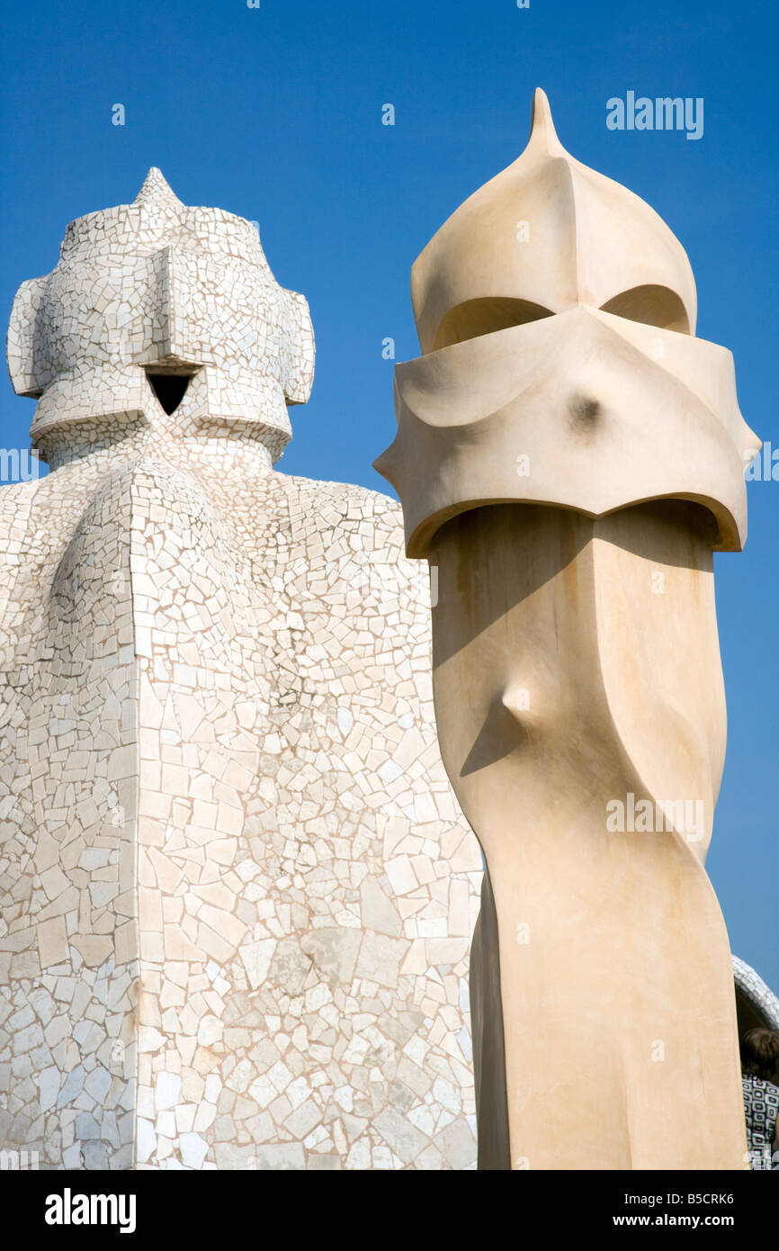 The iconic symbols of Antoni Gaudi, the Chimneys of Casa Mila La Pedrera Barcelona Catalonia Spain Stock Photo