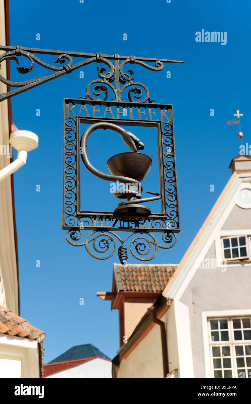 Sign of the 'Raeapteek', one of the oldest pharmacies in Europe.  Old town square, Tallinn, Estonia. Stock Photo
