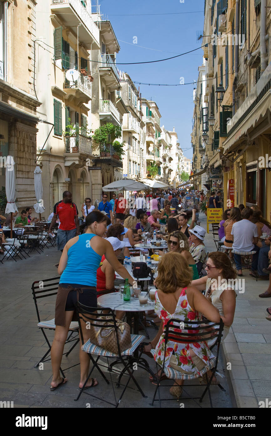 A typical cafe street scene of Corfu town, corfu, Greece Stock Photo