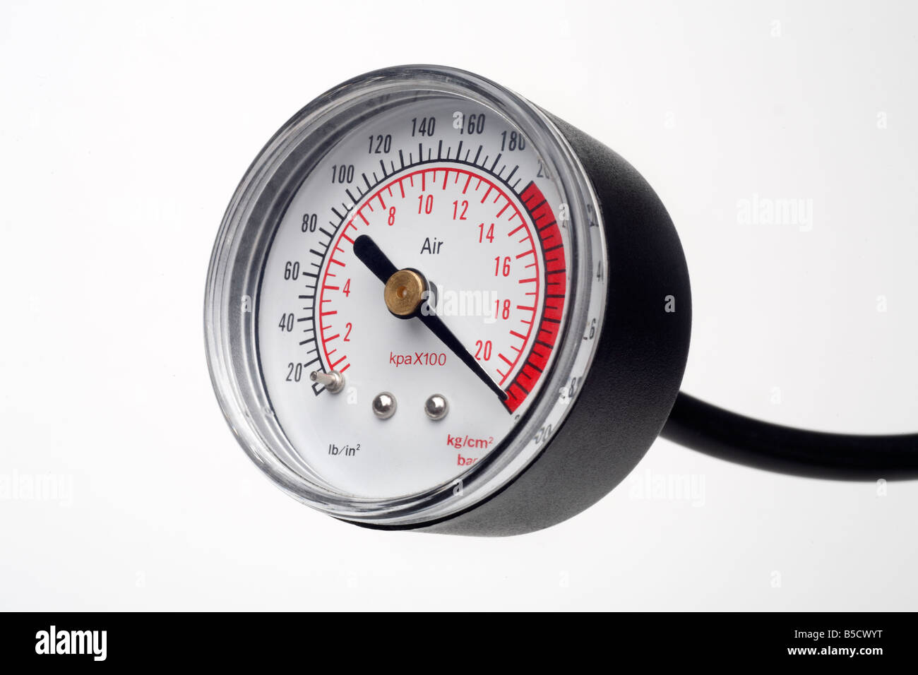Air pressure gauge showing high pressure Stock Photo