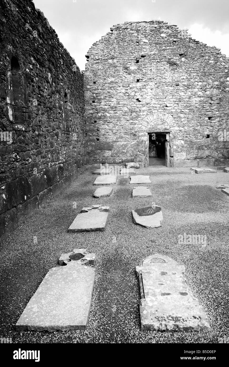 Cemetery with old tombstones on monastic site in Glendaloug near Dublin Ireland BW version Stock Photo