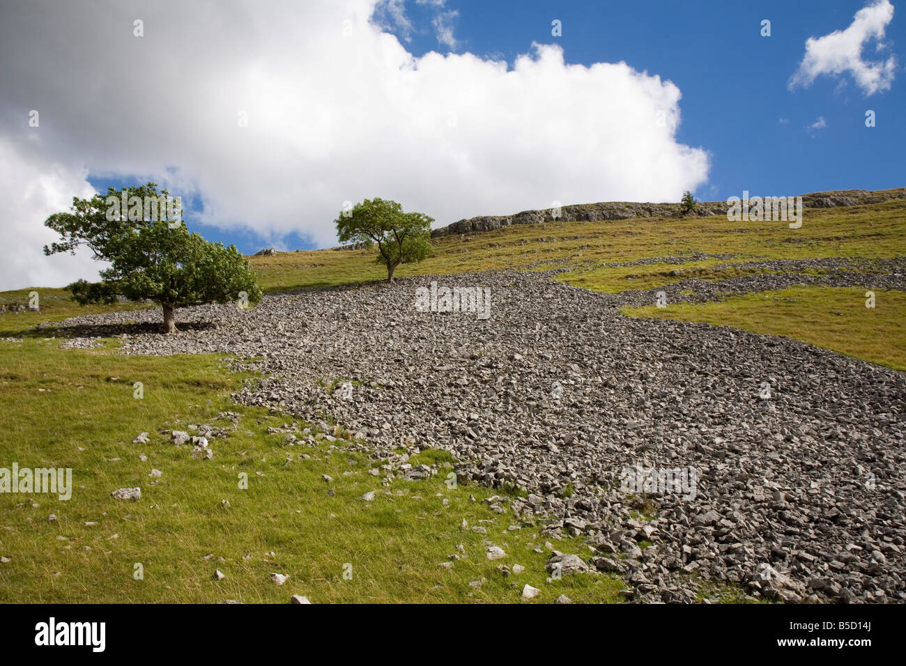 Scree slope and limestone vale, near Conistone, Yorkshire Dales National Park, North Yorkshire, England, Europe Stock Photo