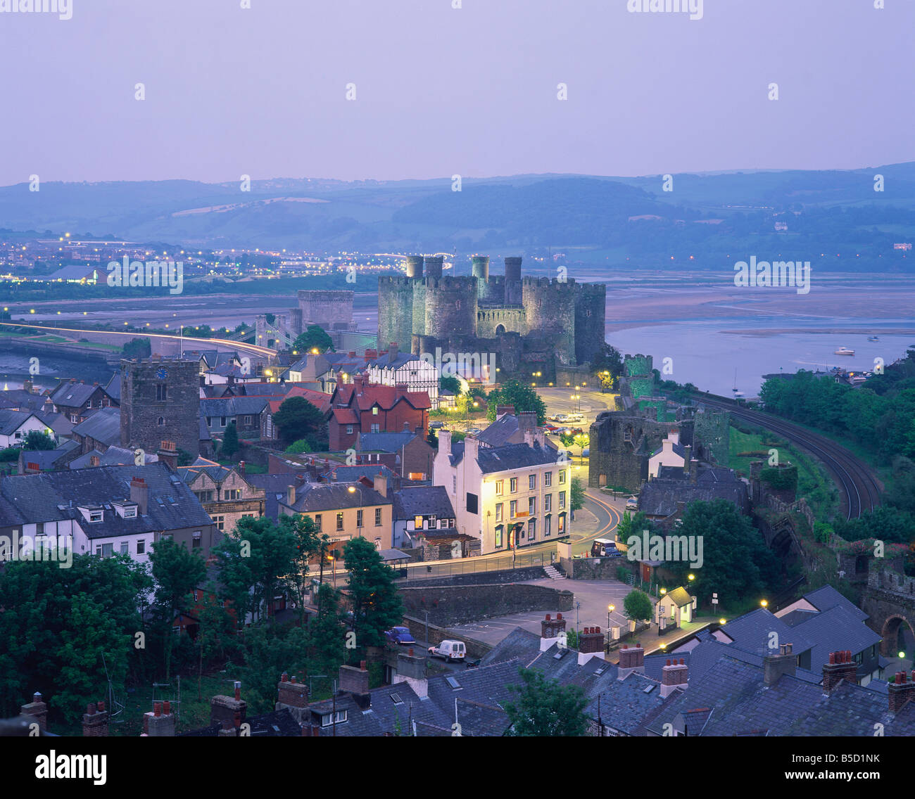 Aerial of Conway and castle Gwynedd North Wales UK Roy Rainford Stock Photo