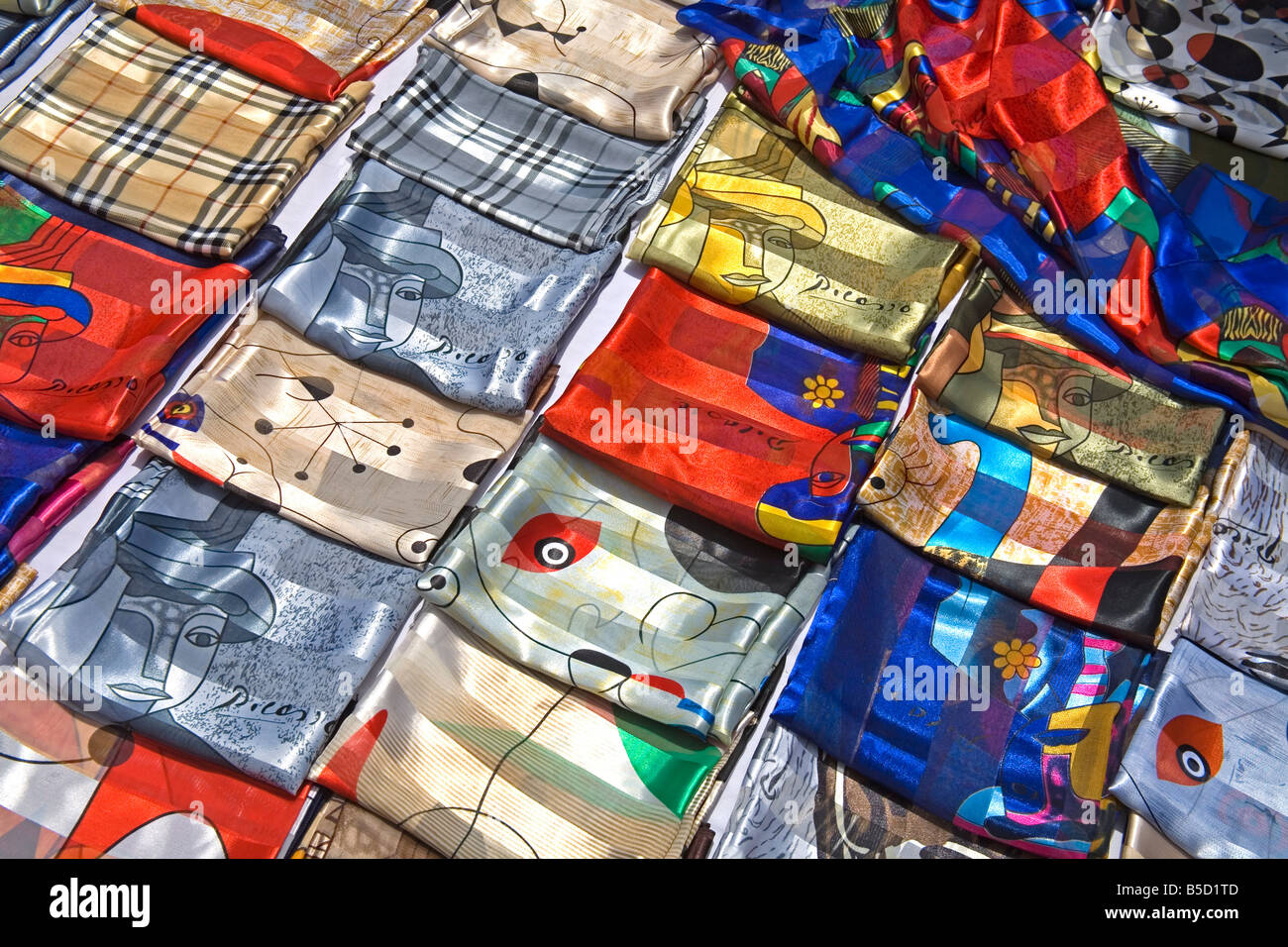 Street vendors scarves, Marina, Port Vell, Barcelona, Catalonia, Spain, Europe Stock Photo