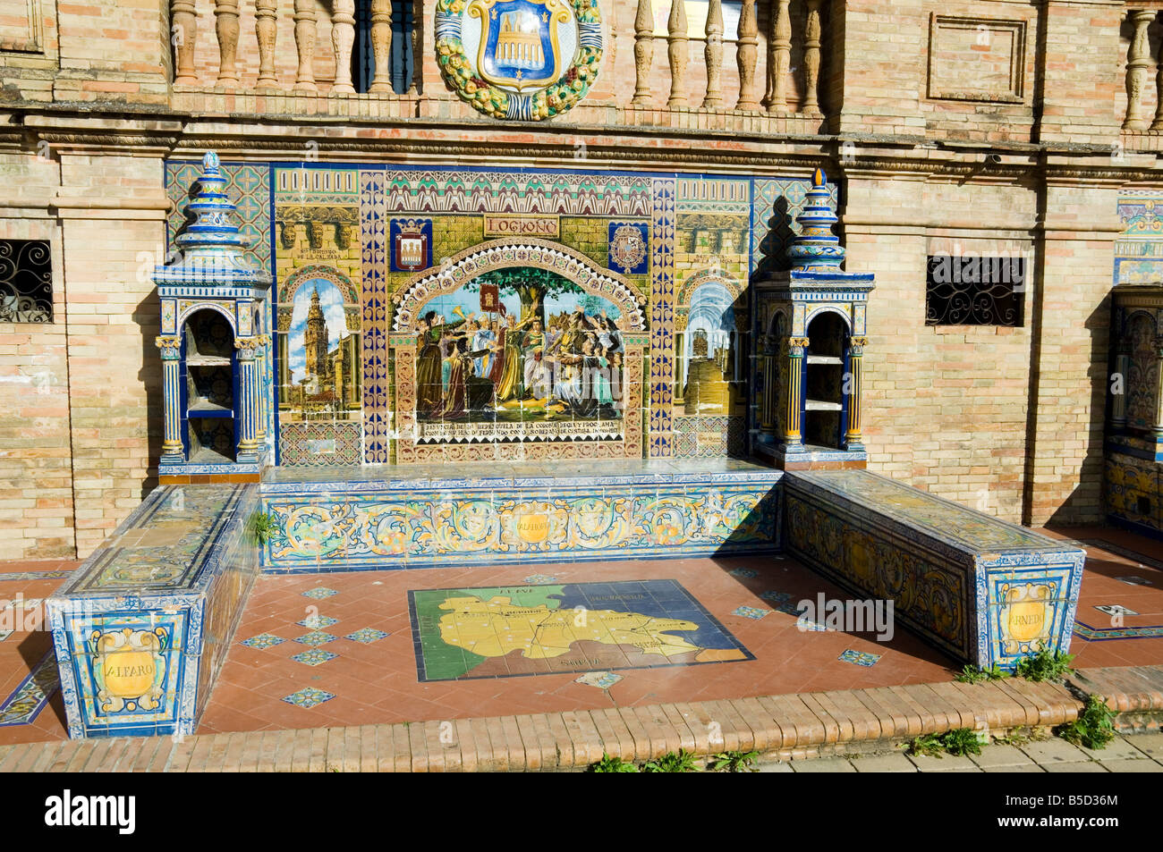 Tiled seating depicting various parts of historic Spain, Plaza de Espana, Parque Maria Luisa, Seville, Andalusia, Spain Stock Photo