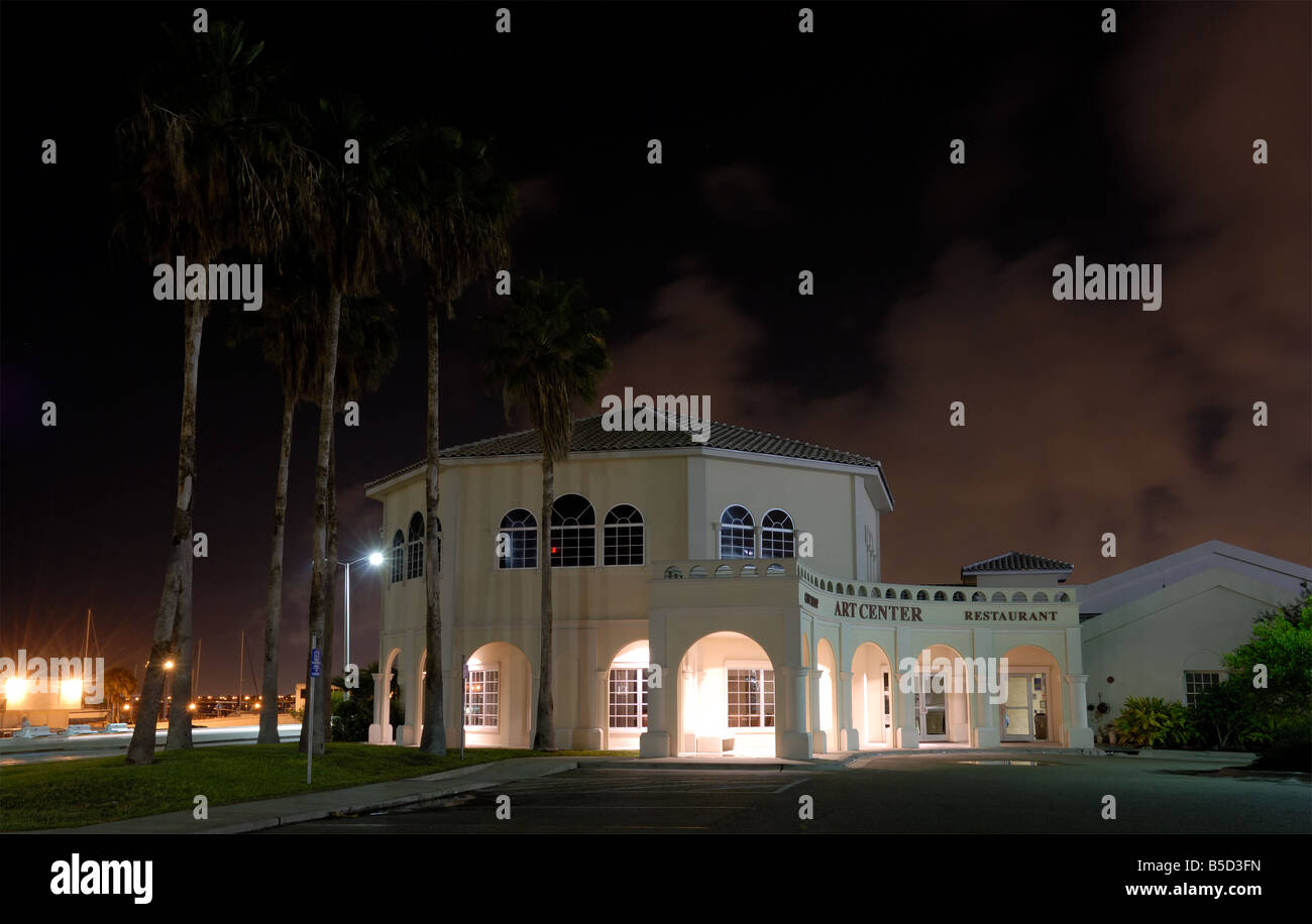 Art Center and Restaurant downtown in Corpus Christi illuminated at