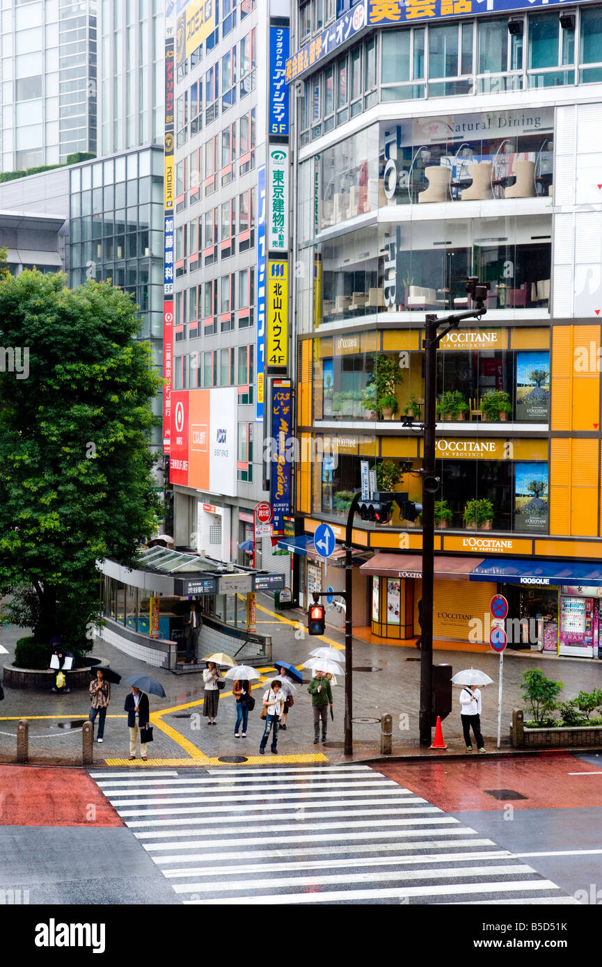 Building overlooking crossing in The Shibuya district of Tokyo, Japan. Stock Photo