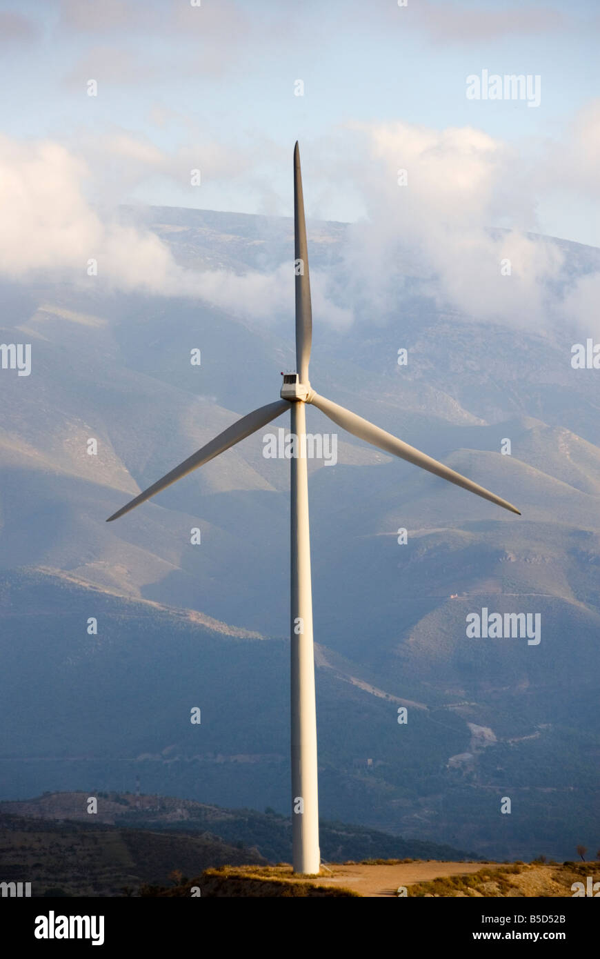 Wind turbines that produce clean sustainable energy in the Sierra Nevada mountain range of Andalusia in southern Spain Stock Photo