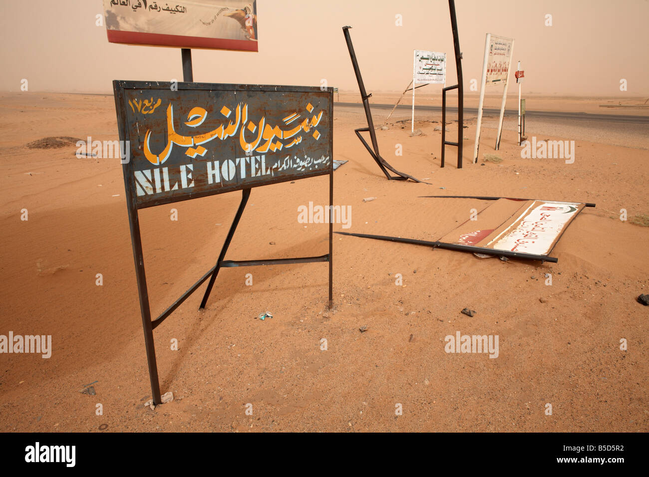 Signposts stand in the desert along the Khartoum to Atbara highway, Sudan, Africa Stock Photo