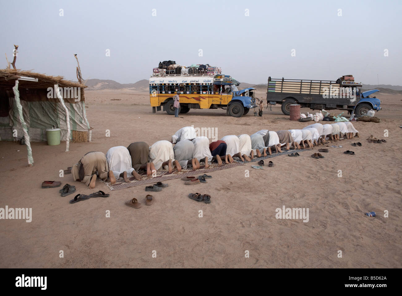 Muslims stop in the Nubian Desert for evening prayers, Sudan, Africa Stock Photo