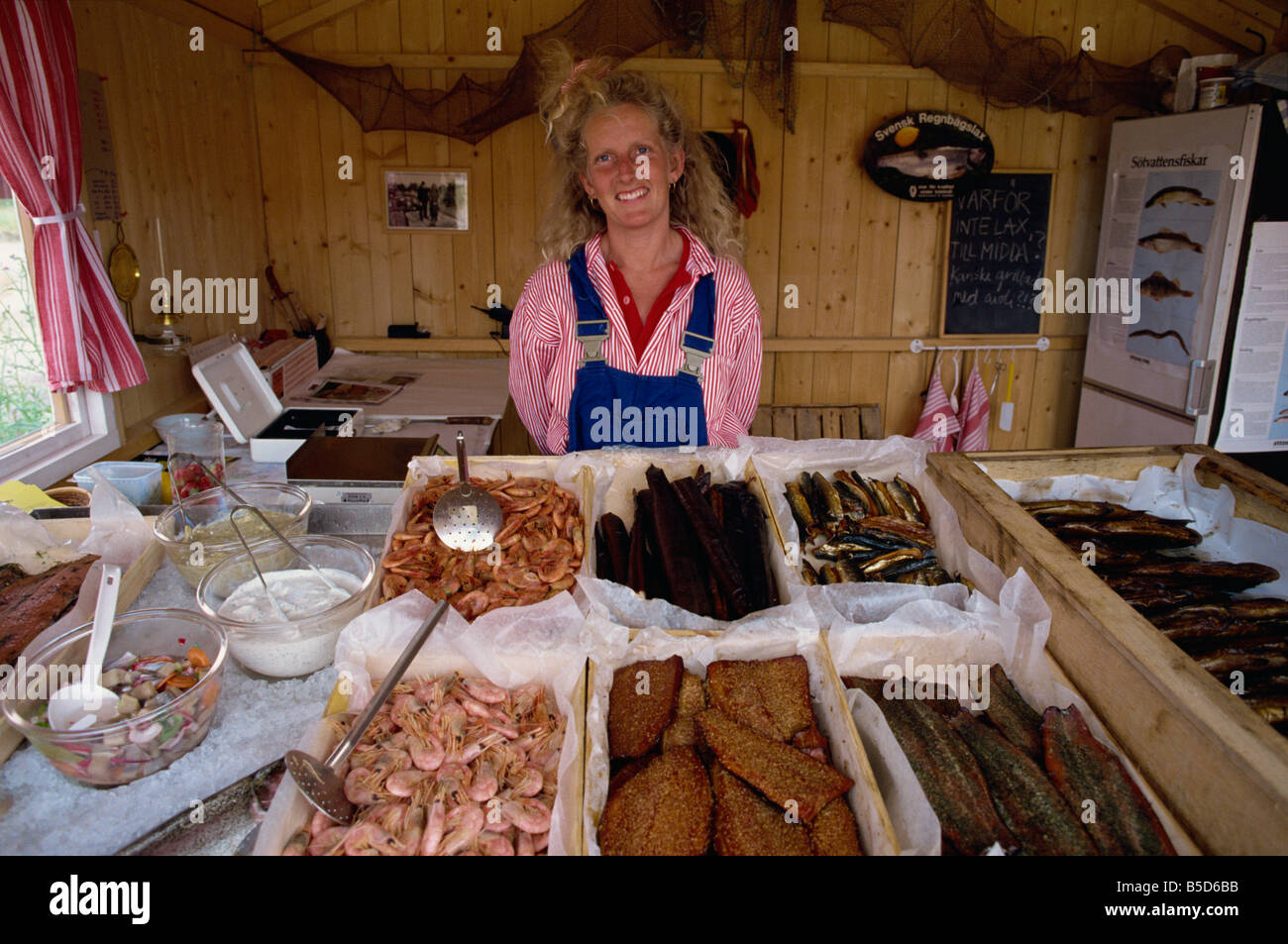 Stall selling seafood and fish on archipelago island of Uto Sweden Scandinavia Europe Stock Photo