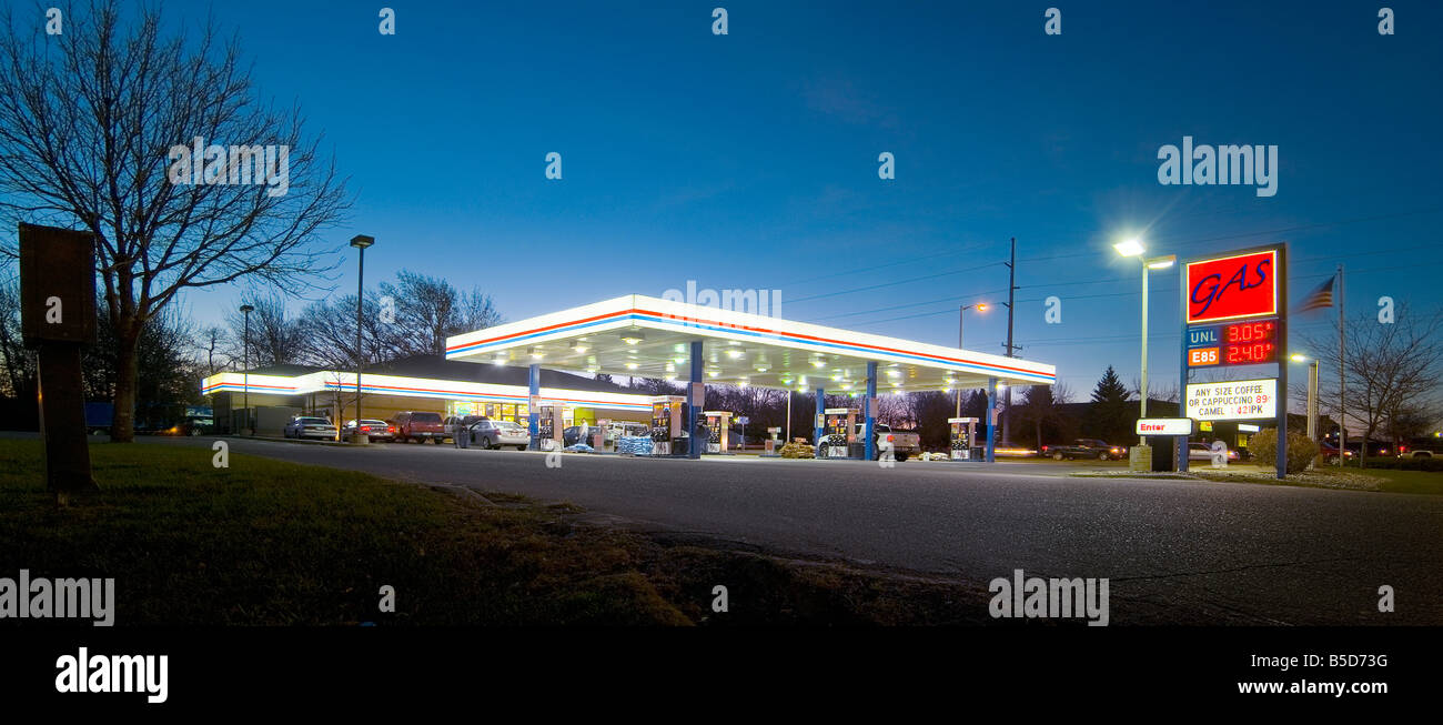 Gas Petrol Station At Night, Idaho, USA Stock Photo