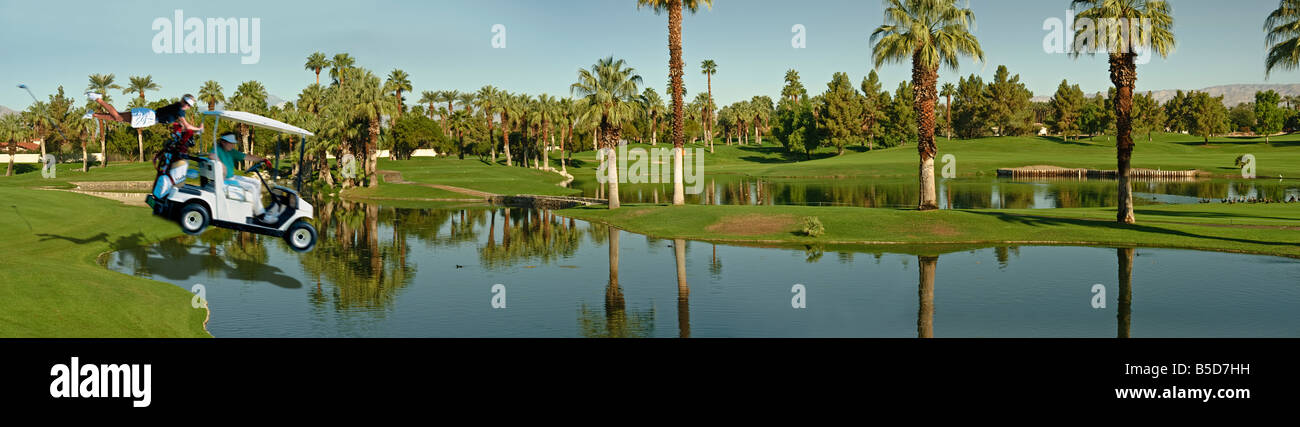 Desert Springs Golf Course J.W. Marriott Resort, Palm Desert CA ,Golf Cart going in water, humor panorama CGI, Stock Photo
