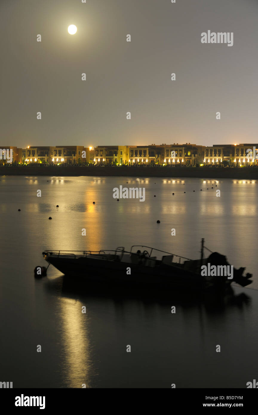 Full Moon over Beach and Bay Waterfront, Ras Al Khaimah UAE Stock Photo