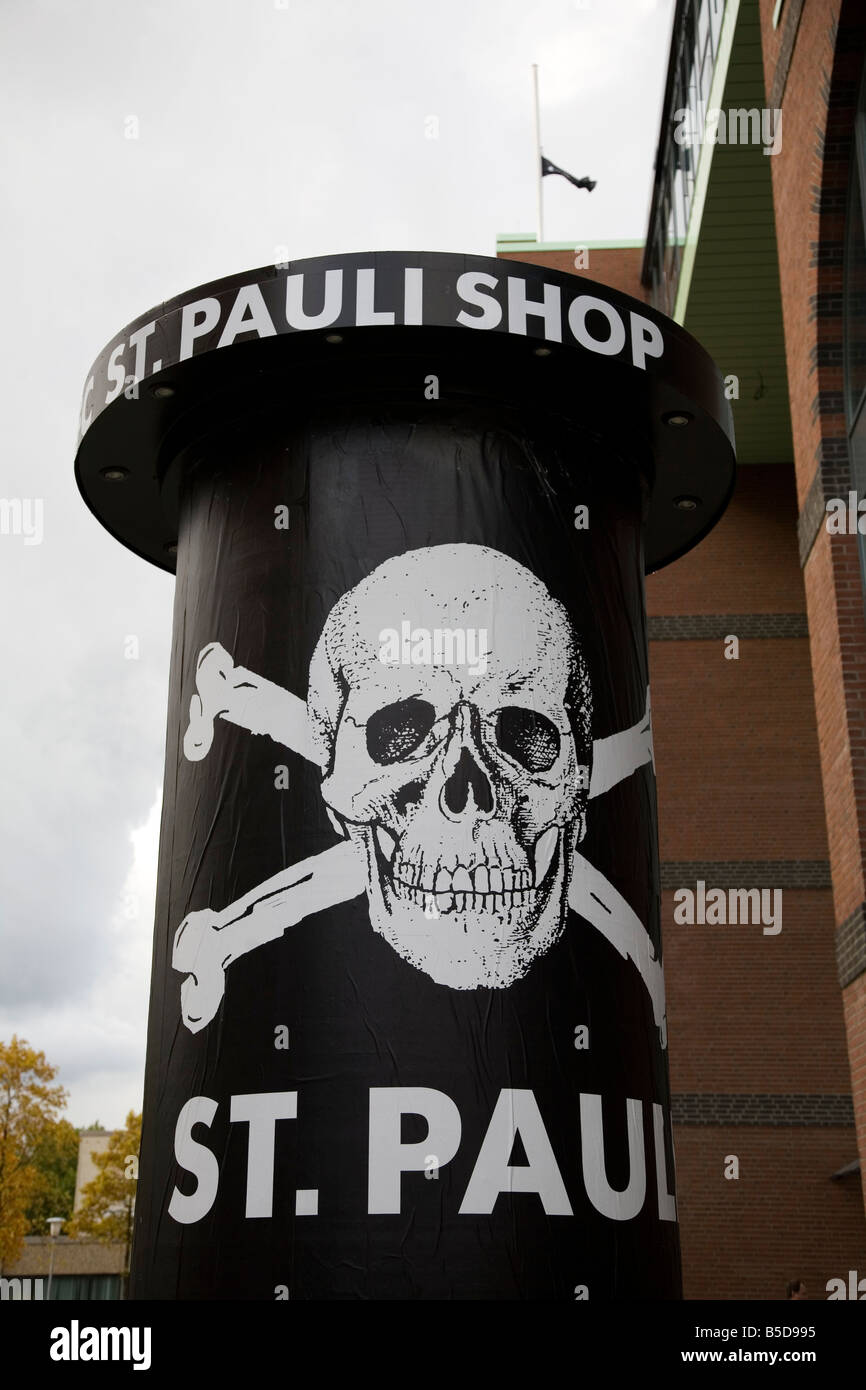 The skull and crossbones sign of the FC St Pauli fans, outside of their club shop in Hamburg, Germany. Stock Photo