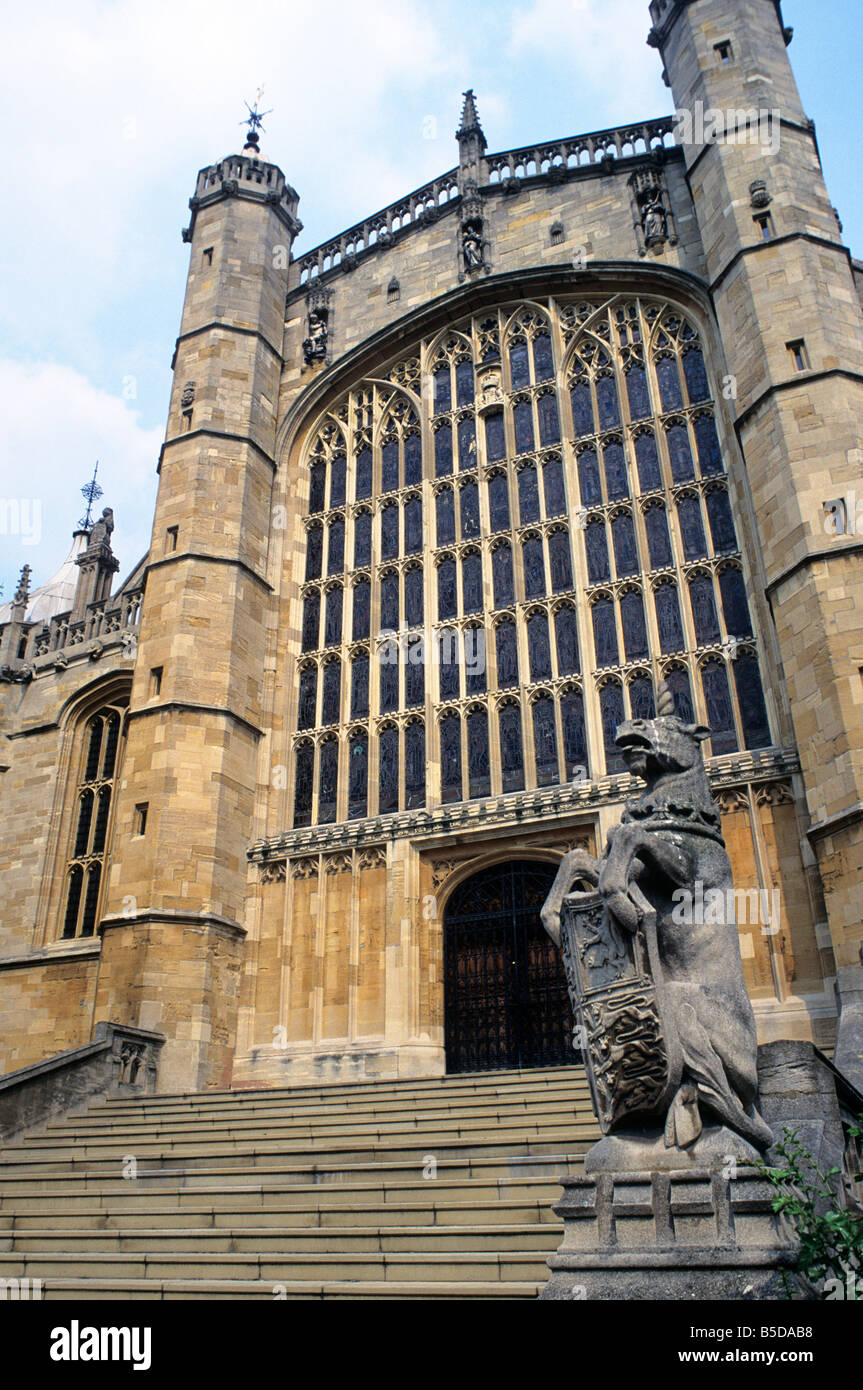 A unicorn statue guards the entrance to St. George's Chapel within Windsor Castle, in England's Thames River Valley Stock Photo