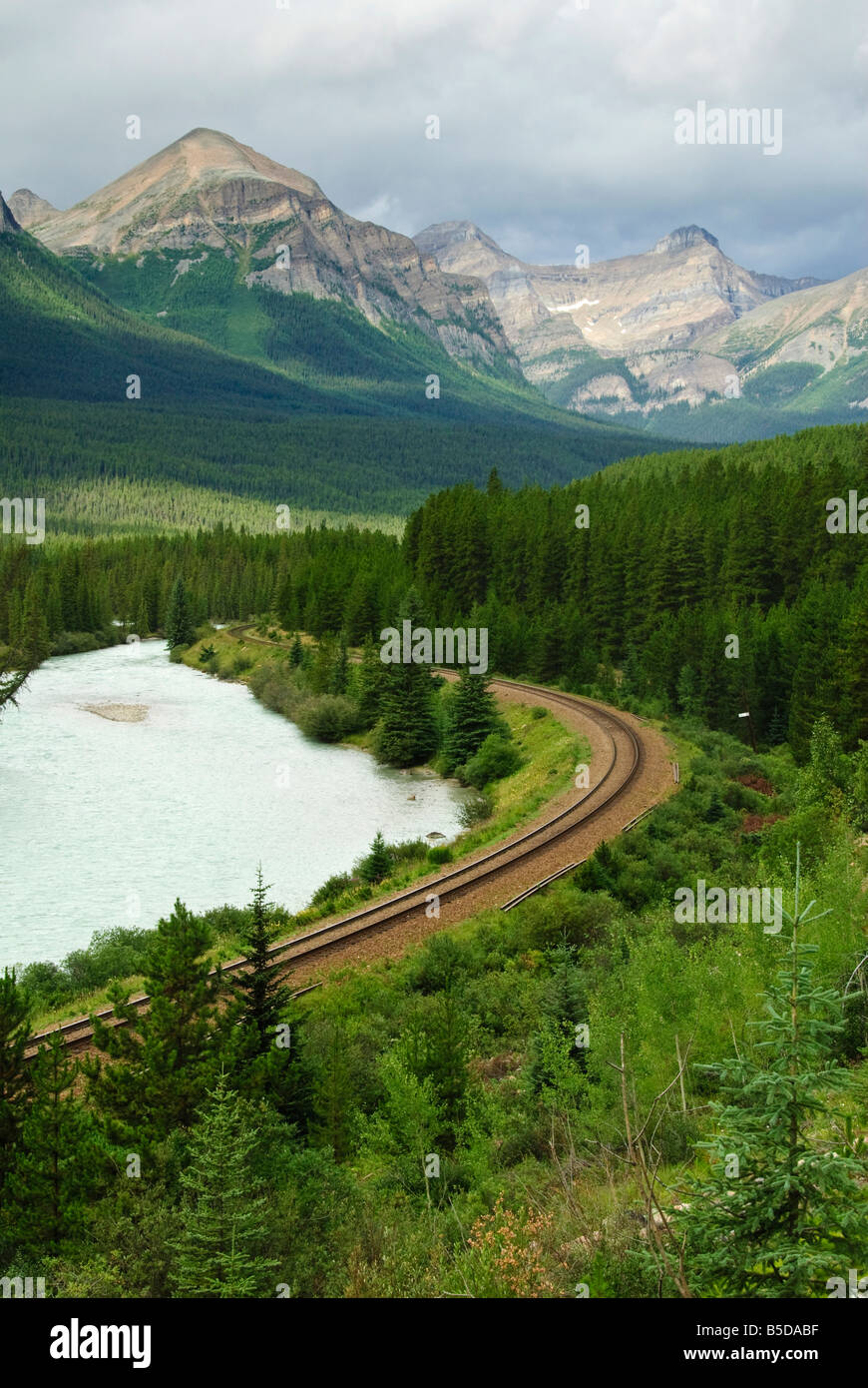 Rail track Crossing the Canadian Rockies in Banff National Park, Alberta, Canada Stock Photo