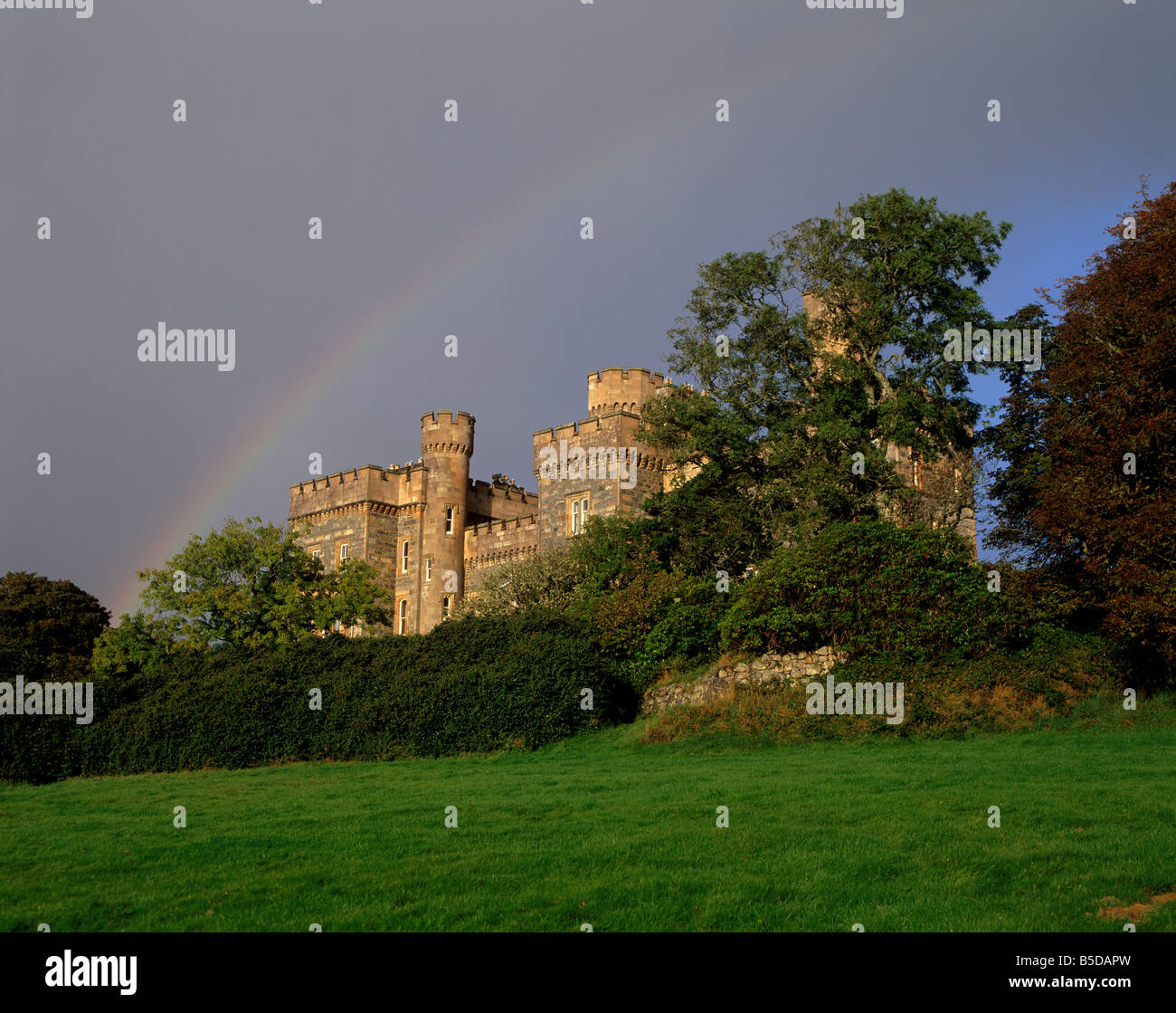 Lews Castle (Stornoway Casle) dating from the 19th century and rainbow, Stornoway, Lewis, Outer Hebrides, Scotland, Europe Stock Photo